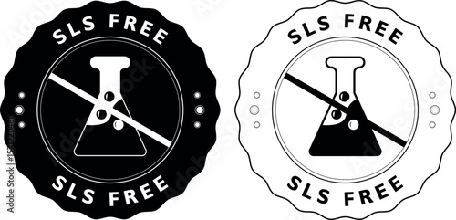 sls free black and white badges with beaker icon and diagonal line for safe cosmetic or chemical-free product labeling	