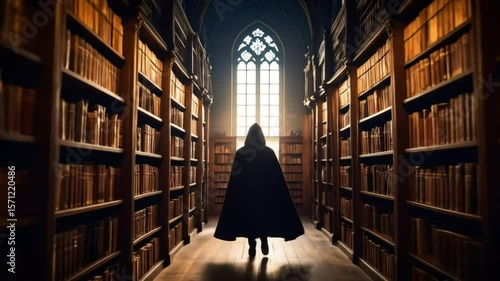 Person in robe walking through library