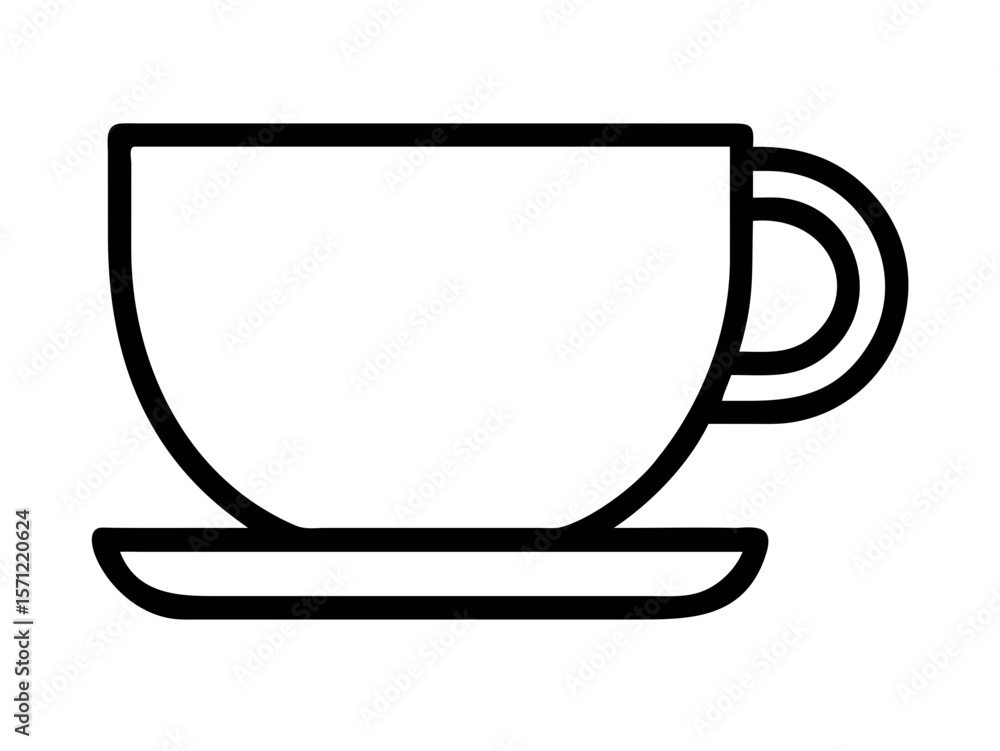 Simple, outlined graphic of a coffee cup and saucer. This stylized vector graphic depicts a coffee cup and saucer in a simple, clean line art design. Simple, outlined graphic of a coffee cup and saucer. This stylized vector graphic depicts a coffee cup and saucer in a simple, clean line art design.