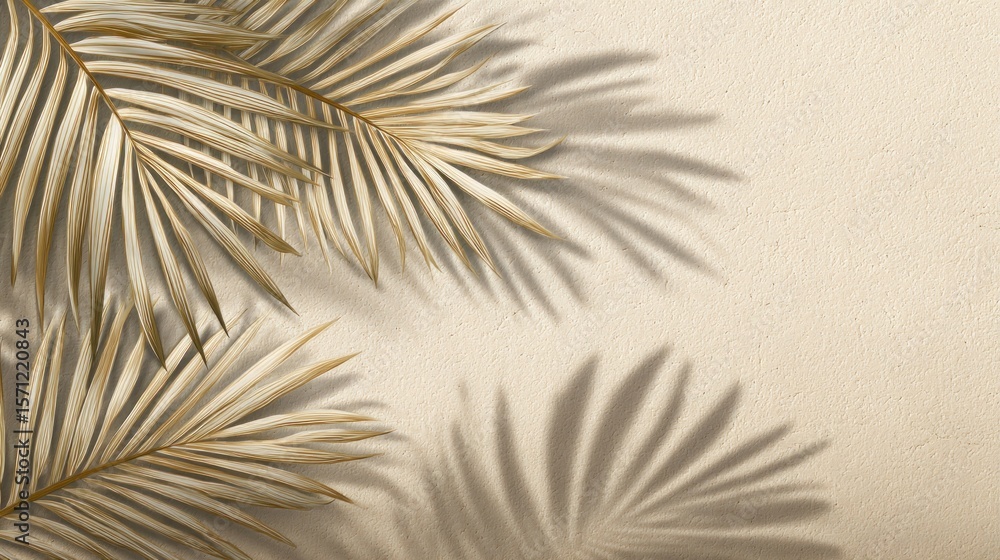 Fototapeta premium Beige background with shadow of dried palm leaves