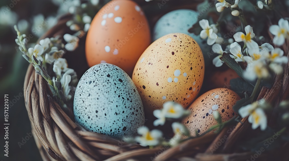 Obraz premium Colorful speckled eggs nestled in a decorative basket with small white flowers.