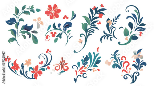 Elegant royal floral scrolls in vector format, featuring ornate swirling botanical motifs and vintage baroque-style flourishes, ideal for luxury branding, wedding invitations, classical decorations, 