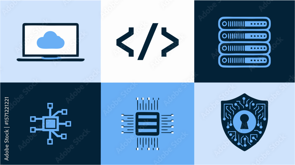 Fototapeta premium Vector Set of Computer Icons – Essential Symbols for Desktop, Laptop, Software, Hardware, Internet, Networking, and Tech Design Elements