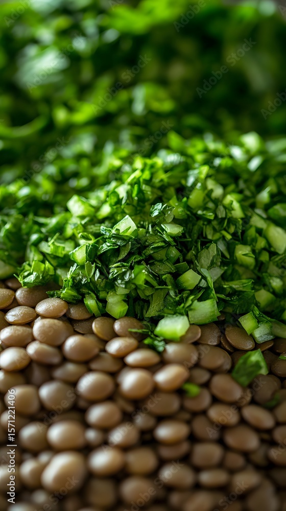 Obraz premium Close up of chopped herbs on a bed of lentils.