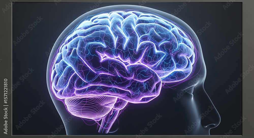 A medical illustration of a human brain with glowing blue and purple neural pathways A medical illustration of a human brain with glowing blue and purple neural pathways