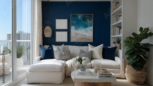 Wallpaper Mural Transform your living room with a navy accent wall, complemented by stylish art and cozy furniture. Torontodigital.ca