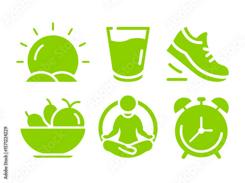 Healthy Lifestyle and Green Eco Wellness Icons. A vibrant vector icon set focused on healthy living and eco-conscious habits. Includes green leaves, fruits, fitness, water bottles, plants, and wellnes