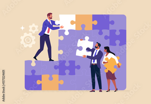 Business Teamwork concept. Contemporary flat style abstract vector illustration of a group of diverse people putting together a huge puzzle details. Isolated on background