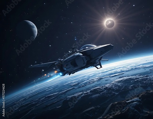 Wallpaper Mural Photo realistic conceptual image of spacecraft traveling through deep space, distant planet in background, star field, clean minimalist composition
 Torontodigital.ca