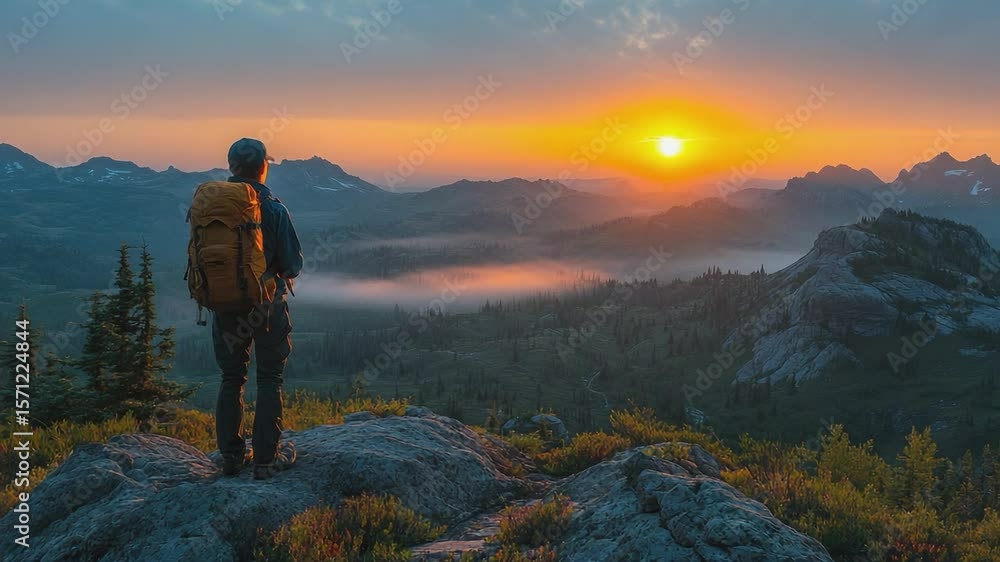 Horizon's Embrace: a solitary figure stands atop a rugged terrain, facing towards the horizon where the sun majestically rises over a vast mountainous landscape, painting the sky with radiant hues. Horizon's Embrace: a solitary figure stands atop a rugged terrain, facing towards the horizon where the sun majestically rises over a vast mountainous landscape, painting the sky with radiant hues.