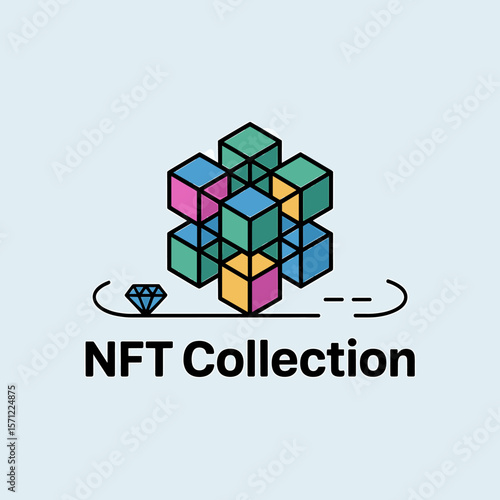 Colorful Cubes and Diamond Symbolizing NFT Collection on Light Blue Background