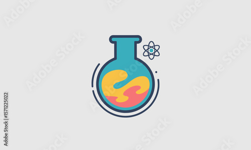 Colorful Laboratory Flask with Atom Symbol, Science and Research Concept
