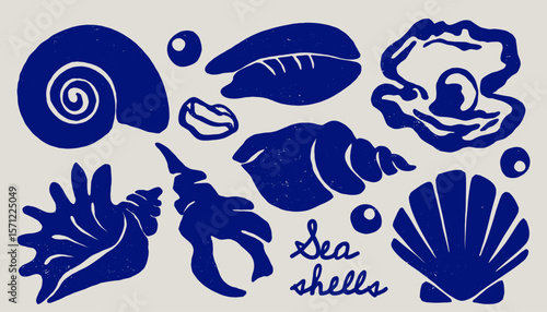 Abstract shell icons. Abstract seashells different shapes contemporary hand drawn style, summer sea ocean vacation beach concept, vintage marine art. Vector set