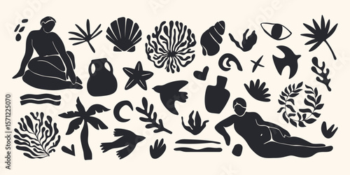 Abstract nature shapes. Sea floral elements, modern botanical cut out silhouettes, contemporary fauvism naive plants woman body figure algae vase seashells. Vector clipart set