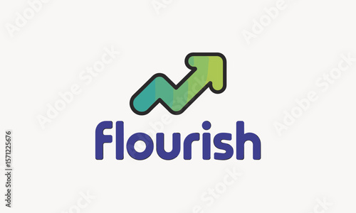 Flourish Logo: Gradient Arrow Ascending Above Bold Blue Lettering