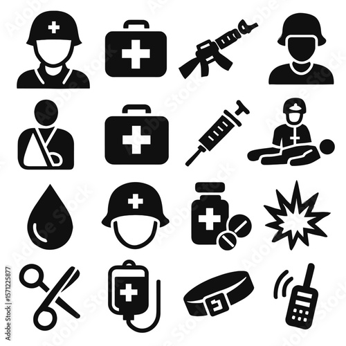 Medical Icons Depicting First Aid, Injury, and Emergency Response Scenarios.