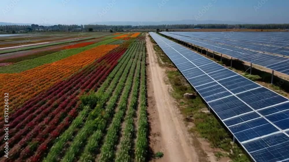 Solar panels in the foreground a large field of red green orange and yellow vegetables in the background midday sun in the sky This is a drone shot a photorealistic image