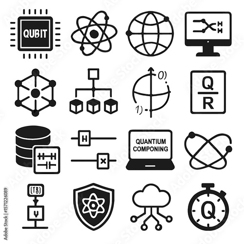 Quantum Computing Icons: Qubit, Atom, Globe, Monitor, Network, Database, and More