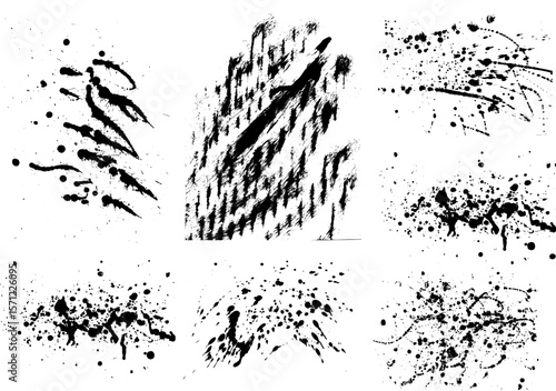 Collection of high-contrast black brush, ink splatters textures with various abstract stains, drips, and blot effects. Abstract grunge design element is for versatile design use, dirty texture.