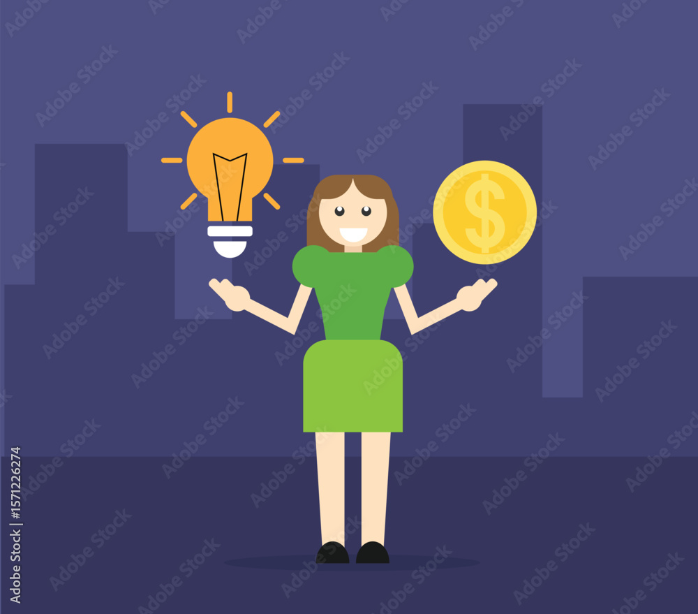 Flat Style Smiling Business Woman Showing Light Bulb and Coin. People at white collar work and activity vector art Flat Style Smiling Business Woman Showing Light Bulb and Coin. People at white collar work and activity vector art