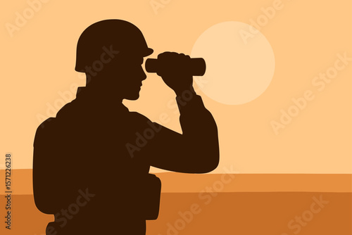 Silhouette of a Soldier with Binoculars Against a Desert Landscape at Sunset