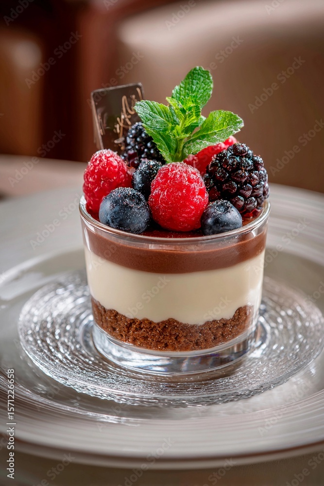 A tempting dessert is beautifully presented in a glass, showcasing layers of rich chocolate mousse and creamy filling topped with an assortment of fresh berries and mint. Ideal for a sweet indulgence A tempting dessert is beautifully presented in a glass, showcasing layers of rich chocolate mousse and creamy filling topped with an assortment of fresh berries and mint. Ideal for a sweet indulgence
