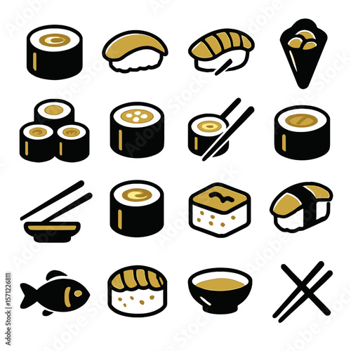 Stylized Sushi and Sashimi Icons in Gold and Black, Food Illustration.