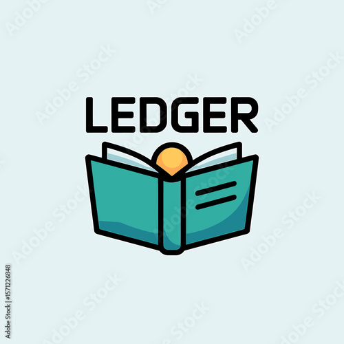 Stylized Teal Ledger Book with Black Outline and Golden Circle Detail