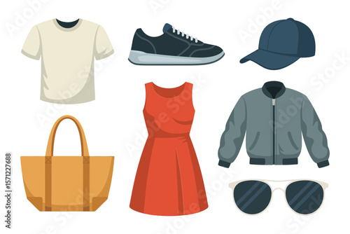 Apparel and accessories icon collection, t-shirt, sneakers, dress, jacket, bag, sunglasses, modern vector, style essentials