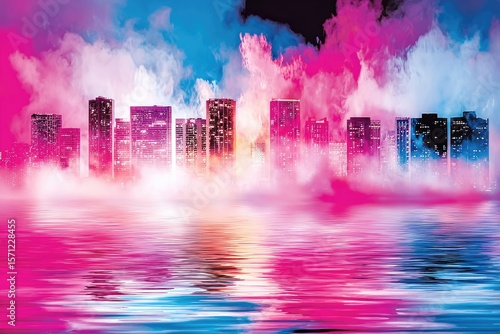 Vibrant City Skyline with Colorful Smoke and Water Reflection for Modern Urban Design