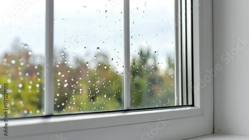 Tranquil Moment at the Window: Capturing the Beauty of Raindrops on Glass in Autumn Country Landscape