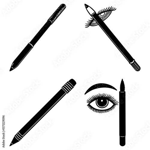 Illustration of four eyeliner pencils and a detailed eye with eyebrow and eyelashes drawn in black