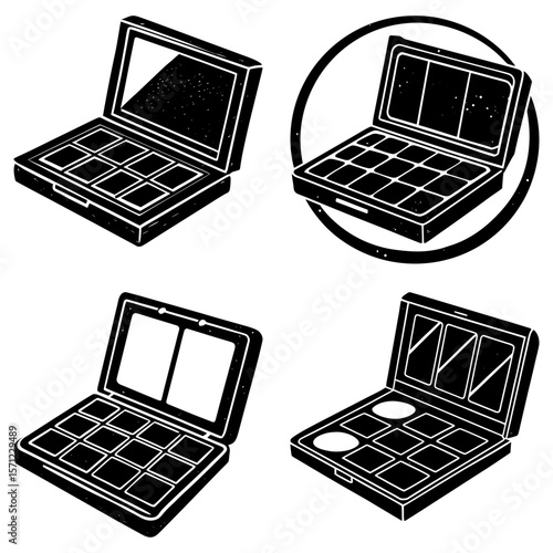 Four cosmetic palettes with mirrors and multiple compartments in a black and white illustration style