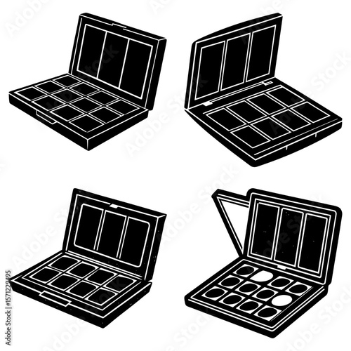 Illustration of four open makeup palettes with varying numbers of compartments in a black and white style
