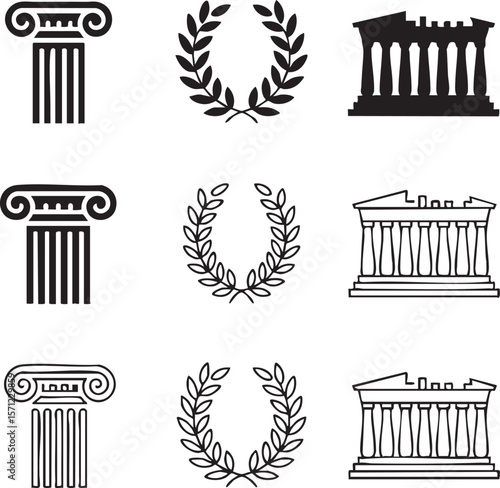 Ancient greece elements icon set featuring columns laurel wreaths and parthenon temple in silhouette and outline style