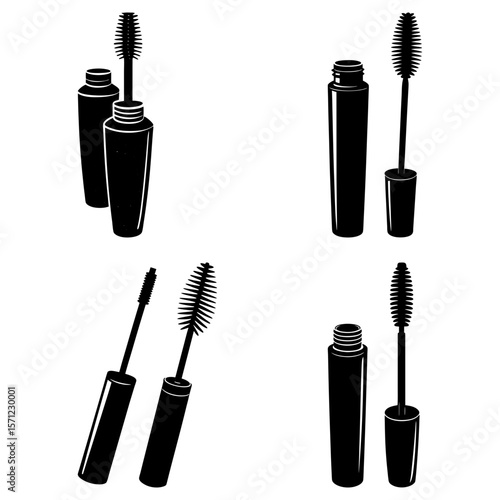 Illustration of multiple mascara tubes and wands in black and white on a white background