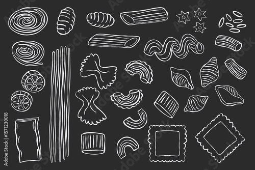 Pasta icons. Macaroni food symbols with penne farfalle ravioli fusilli spaghetti tortellini lasagna fettuccine, traditional italian noodles types. Vector hand drawn set