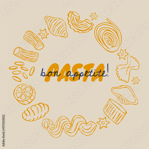 Pasta round frame. Macaroni food farfalle penne ravioli fusilli spaghetti tortellini lasagna fettuccine, traditional italian cuisine noodle types for restaurant menu. Vector illustration