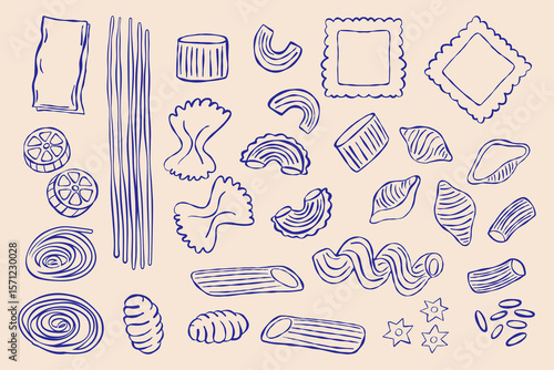 Pasta icons. Macaroni food symbols with penne farfalle fusilli ravioli spaghetti tortellini lasagna fettuccine, traditional italian noodles types. Vector hand drawn set