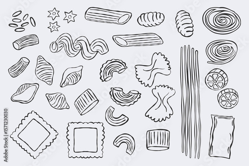 Pasta icons. Macaroni food symbols with penne farfalle ravioli fusilli spaghetti tortellini lasagna fettuccine, traditional italian noodle types. Vector hand drawn set