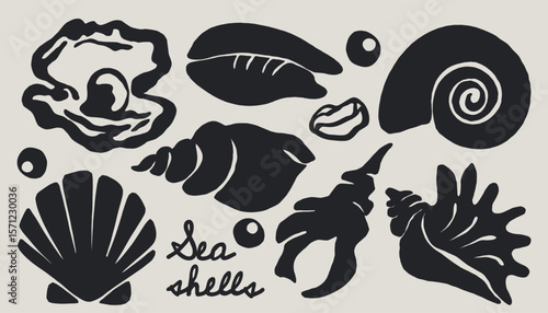 Abstract shell icons. Abstract seashells silhouettes different shapes contemporary hand drawn style, summer sea ocean vacation beach concept, vintage marine art. Vector set