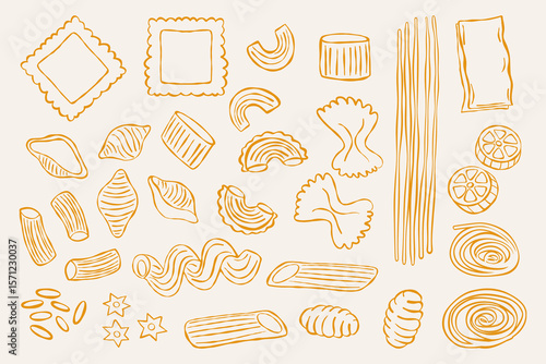 Pasta icons. Macaroni food symbols with farfalle penne fusilli ravioli spaghetti tortellini lasagna fettuccine, traditional italian noodles types. Vector hand drawn set