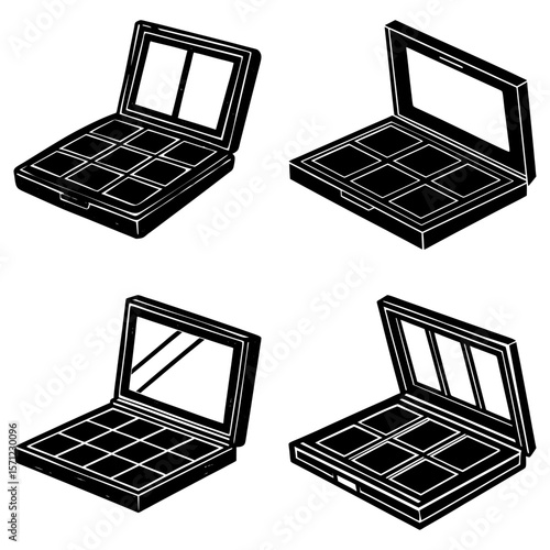 Four makeup palettes with varying numbers of compartments in a black and white illustration style art