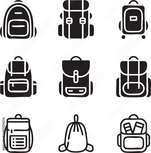 Backpacks and bags travel accessories icon set in black and white silhouette style various designs for hiking camping and everyday use