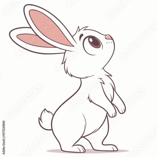 A cute cartoon bunny with long ears smiles happily while holding an Easter egg