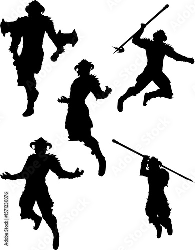 Abstract illustration of a fantasy warrior silhouette wearing horned and spiked armor in an aggressive pose. The strong, dynamic figure is ideal for heroic, battle-themed designs and concepts.