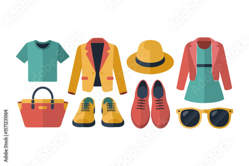 Fashion icon collection, clothing, shoes, bags, hats, sunglasses, modern vector, wardrobe essentials, style illustration