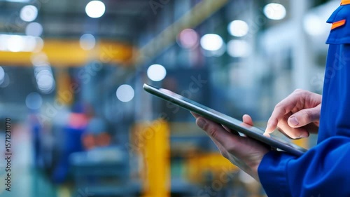 Worker hand using digital tablet monitoring automation technology in factory industry accessing data. Digital Transformation concept. 4K video clip