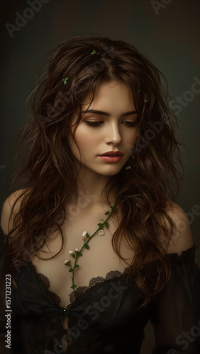 Young Woman with Flowing Dark Hair Adorned with Vines and Flowers in Softly Lit Background
