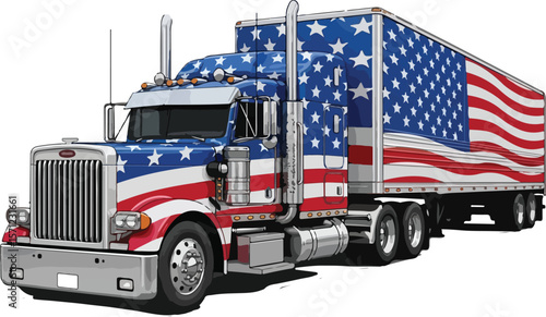 Patriotic American Flag Semi Truck and Trailer Vector Illustration